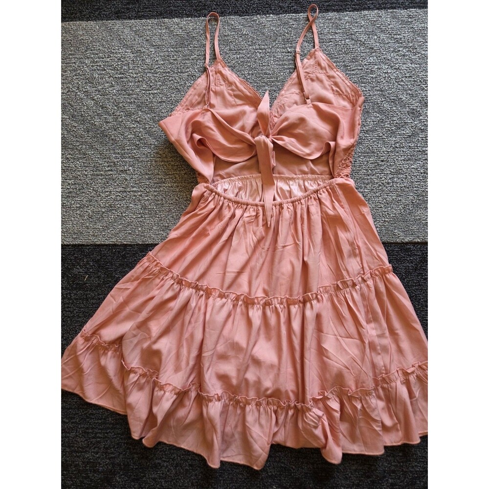 ECOWISH Salmon Pink Lace Ruffle Sundress V-Neck Tie Strappy Short Dress Size S - Picture 4 of 6
